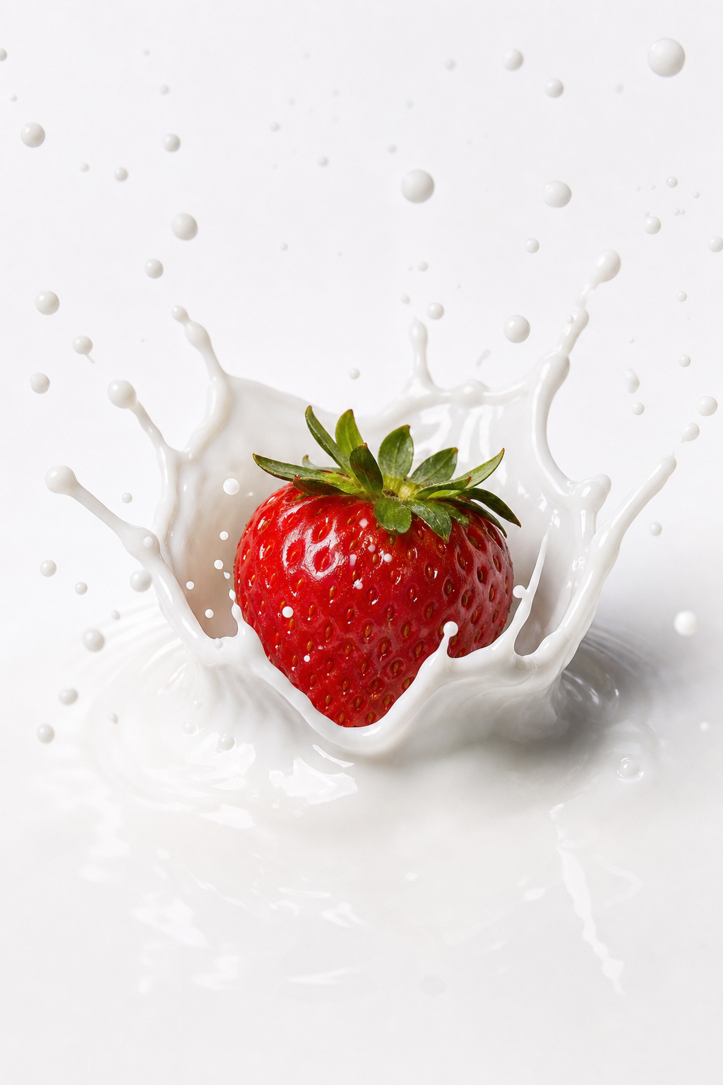 Fragola che cade nel latte con splash